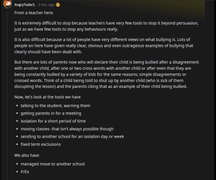 reddit thread on why schools are bad at dealing with bullying issues