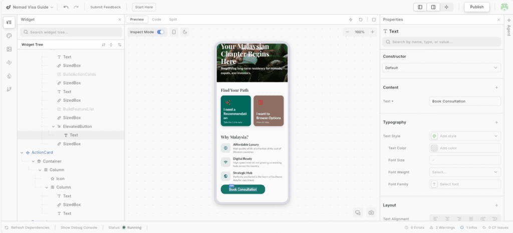 dreamflow app builder interface widget properties panel
