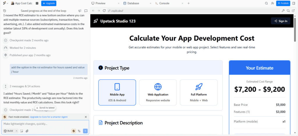 replit vibe coding builder interface to compare to dreamflow