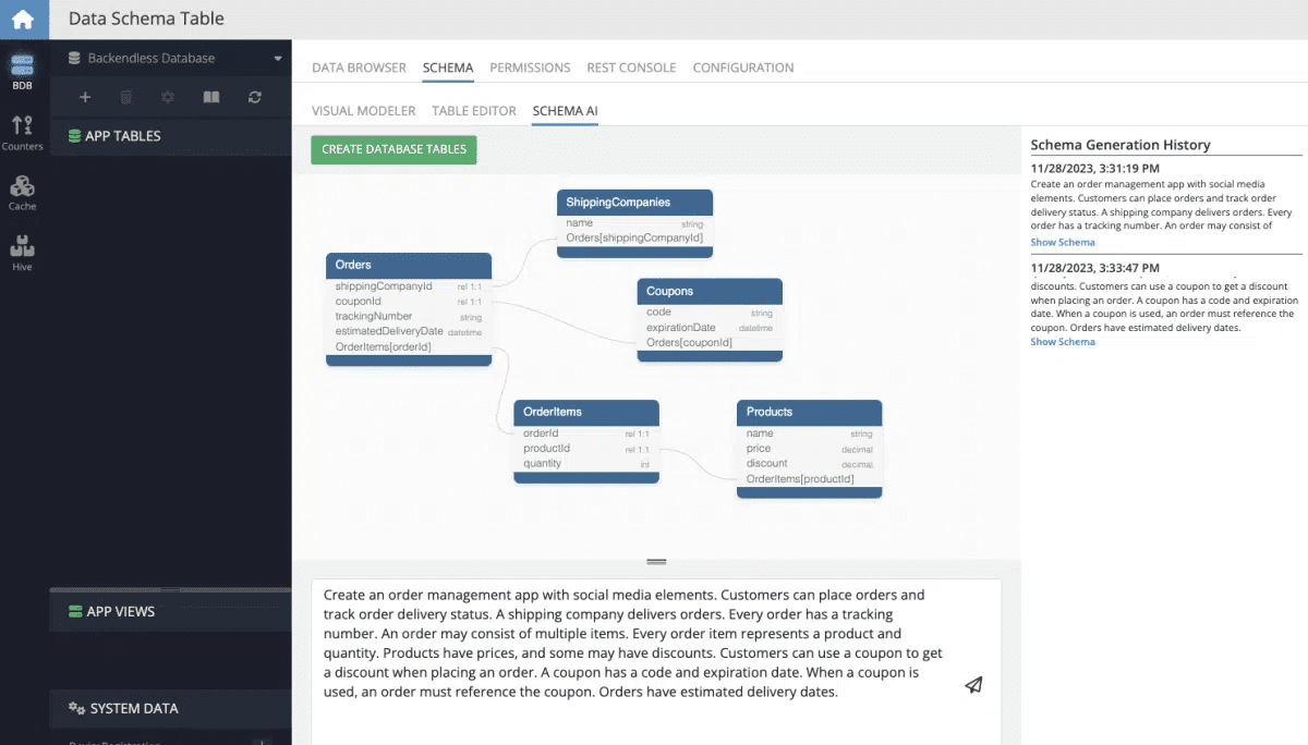 backendless schema ai screenshot to show automatic generation of backend schema